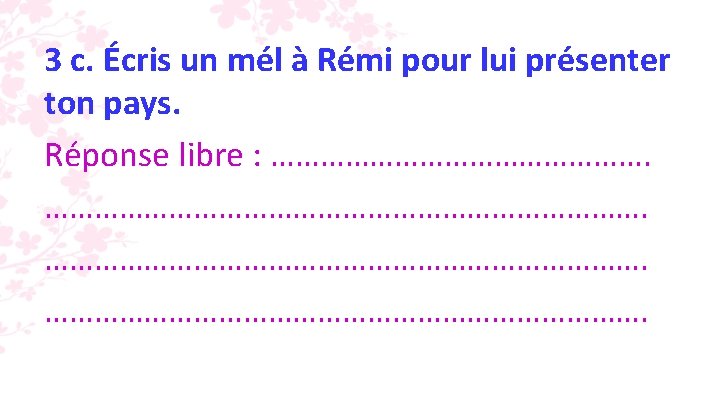 3 c. Écris un mél à Rémi pour lui présenter ton pays. Réponse libre