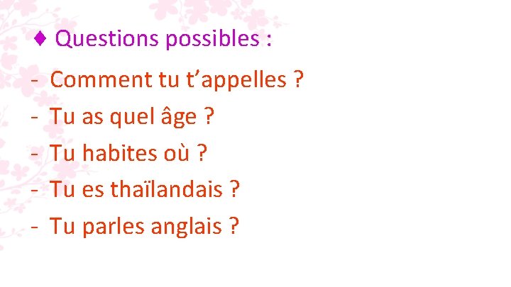 Questions possibles : - Comment tu t’appelles ? Tu as quel âge ? Questions possibles : - Comment tu t’appelles ? Tu as quel âge ?