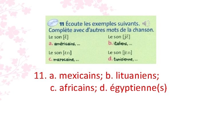 11. a. mexicains; b. lituaniens; c. africains; d. égyptienne(s) 