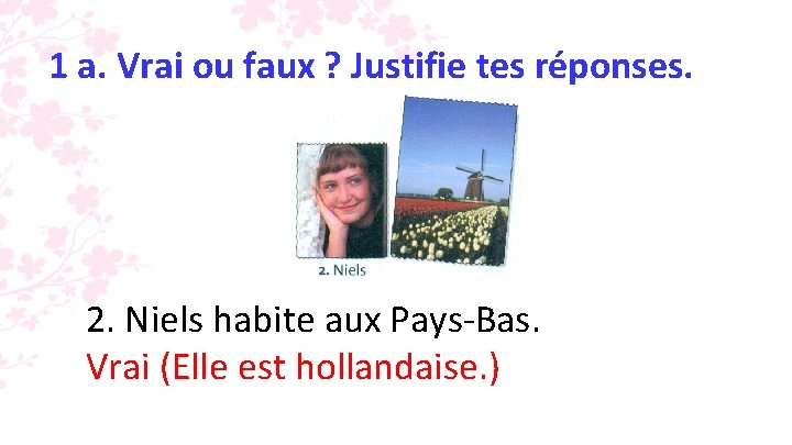 1 a. Vrai ou faux ? Justifie tes réponses. 2. Niels habite aux Pays-Bas.