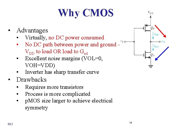 Why CMOS • Advantages • • Virtually, no DC power consumed No DC path