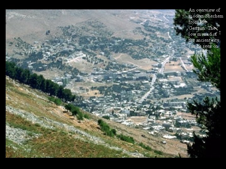 An overview of modern Shechem from Mt. Gerizim. The low mound of the ancient