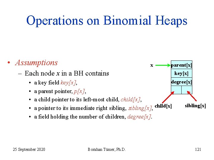 Operations on Binomial Heaps • Assumptions x – Each node x in a BH