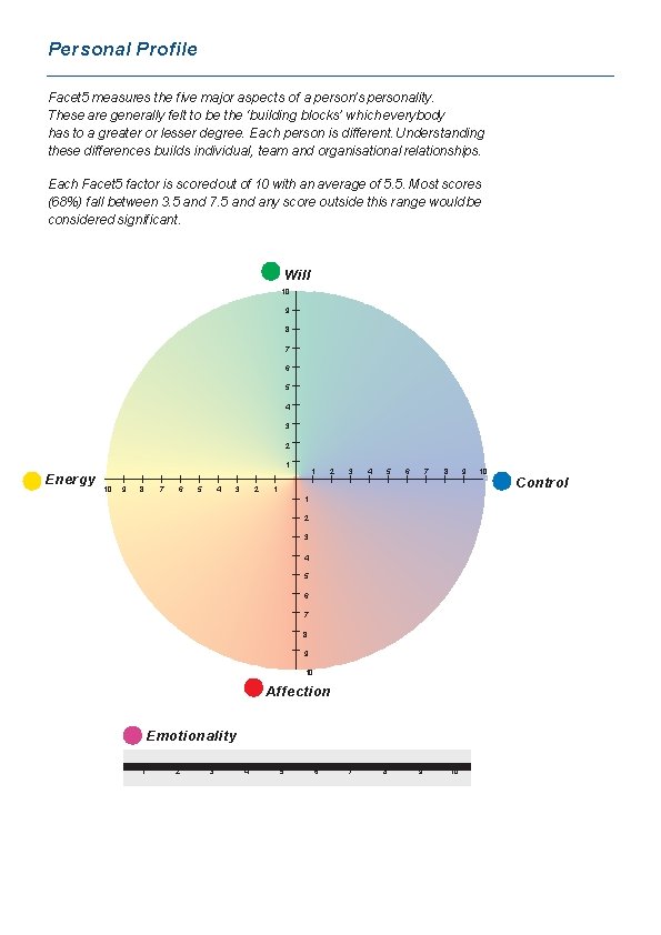 Personal Profile Facet 5 measures the five major aspects of a person’s personality. These