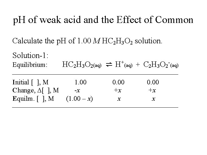 p. H of weak acid and the Effect of Common Calculate the p. H