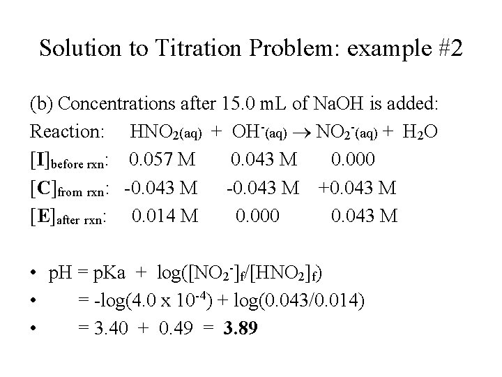 Solution to Titration Problem: example #2 (b) Concentrations after 15. 0 m. L of