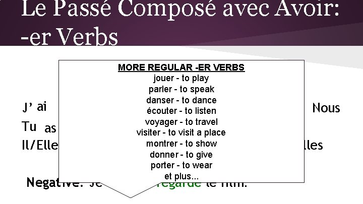 Le Passé Composé avec Avoir: -er Verbs MORE REGULAR -ER VERBS Regarder jouer -–toto