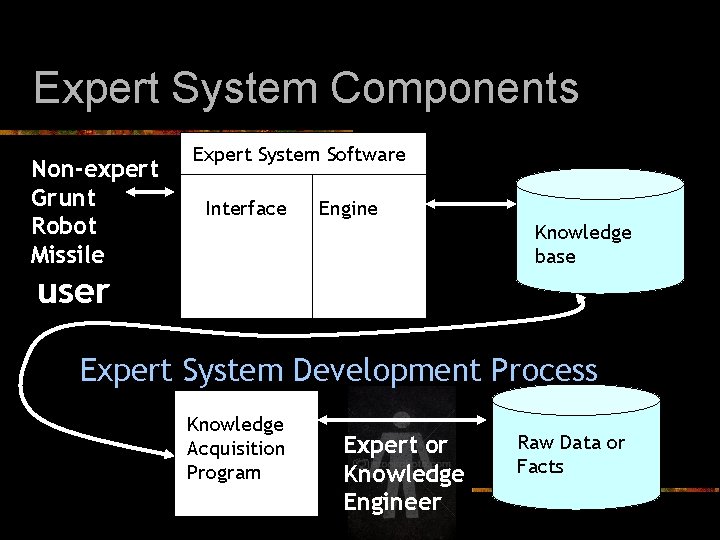 Expert System Components Non-expert Grunt Robot Missile Expert System Software Interface Engine Knowledge base