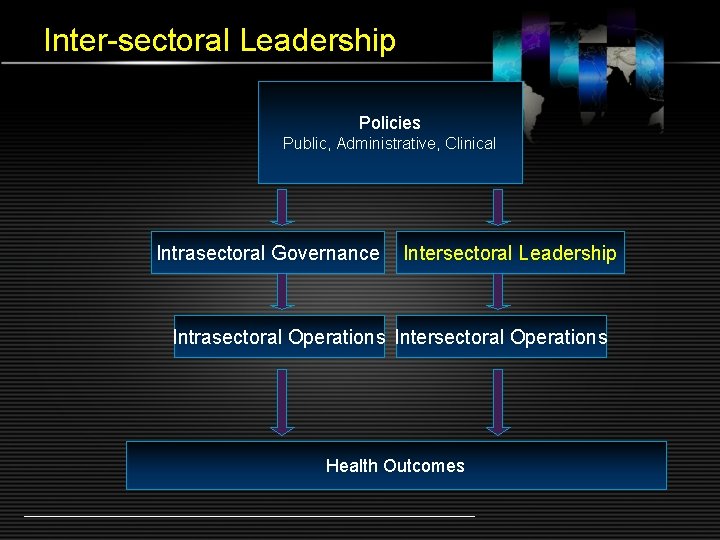 Inter-sectoral Leadership Policies Public, Administrative, Clinical Intrasectoral Governance Intersectoral Leadership Intrasectoral Operations Intersectoral Operations