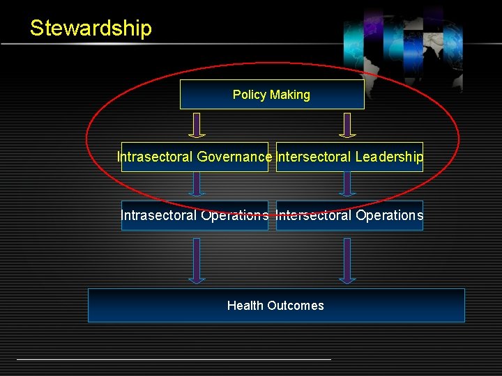 Stewardship Policy Making Intrasectoral Governance Intersectoral Leadership Intrasectoral Operations Intersectoral Operations Health Outcomes 