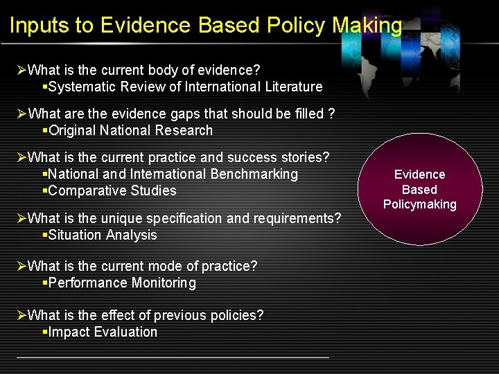 Inputs to Evidence Based Policy Making ØWhat is the current body of evidence? §Systematic