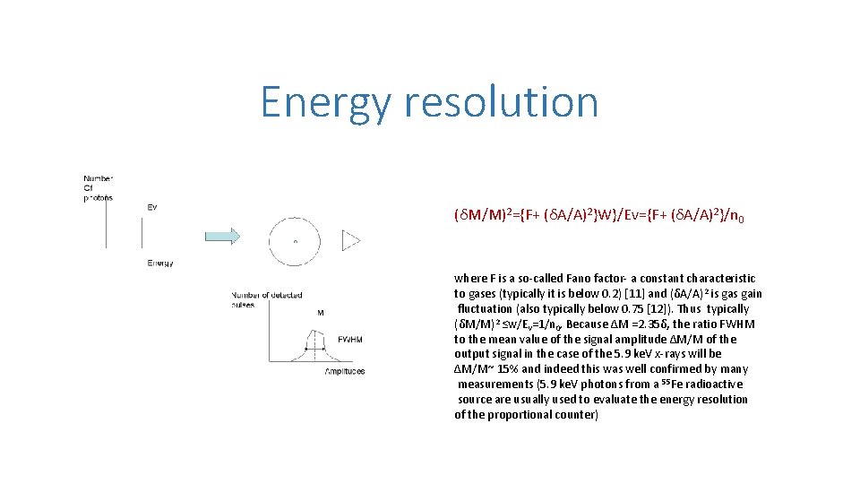 Energy resolution (δM/M)2={F+ (δA/A)2}W}/Ev={F+ (δA/A)2}/n 0 where F is a so-called Fano factor- a