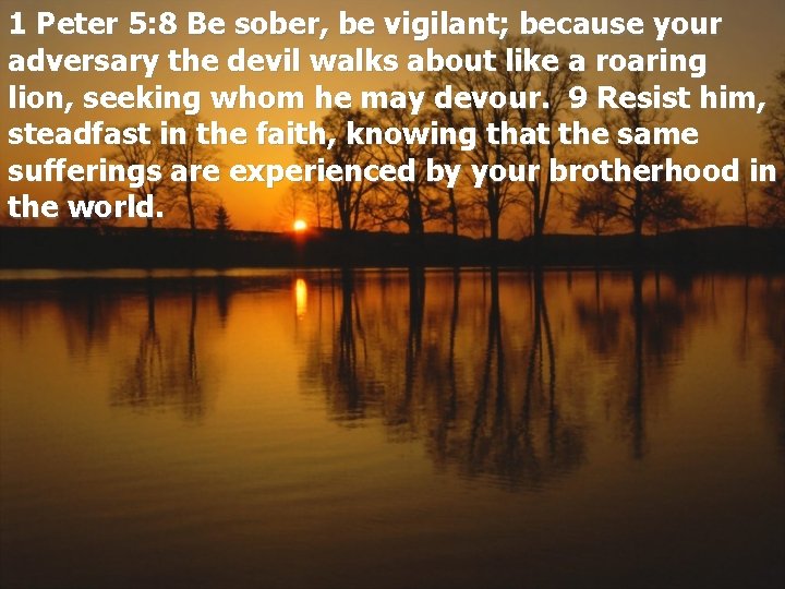 1 Peter 5: 8 Be sober, be vigilant; because your adversary the devil walks