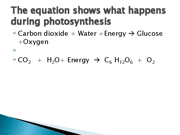 The equation shows what happens during photosynthesis Carbon dioxide + Water +Energy Glucose +Oxygen