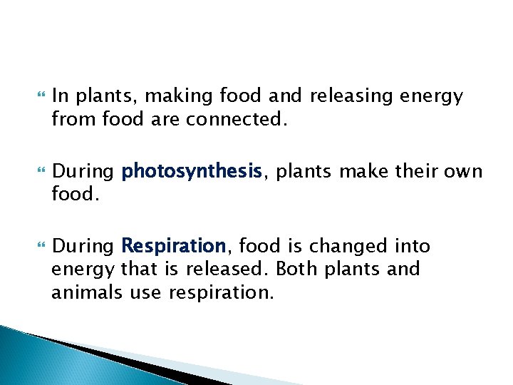  In plants, making food and releasing energy from food are connected. During photosynthesis,