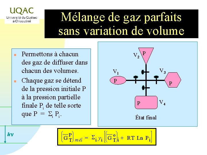 Mélange de gaz parfaits sans variation de volume n n hn Permettons à chacun
