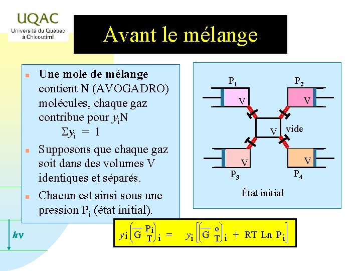 Avant le mélange n n n hn Une mole de mélange contient N (AVOGADRO)