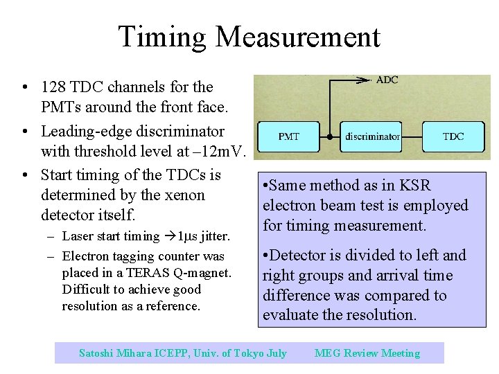 Timing Measurement • 128 TDC channels for the PMTs around the front face. •