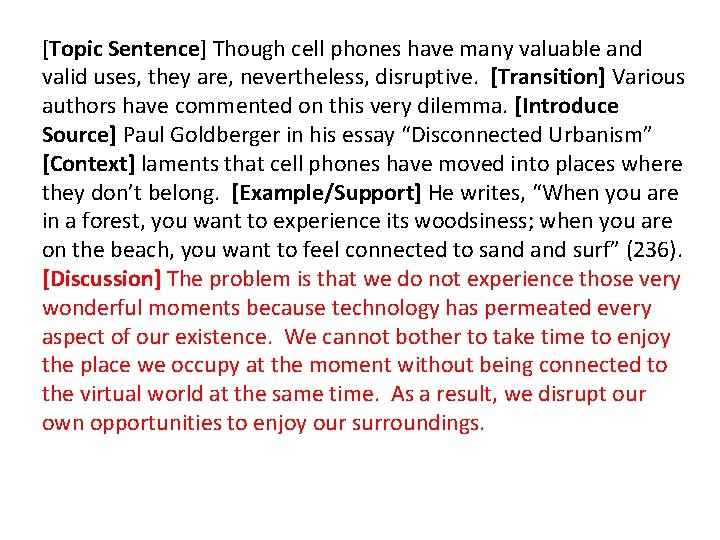 [Topic Sentence] Though cell phones have many valuable and valid uses, they are, nevertheless,