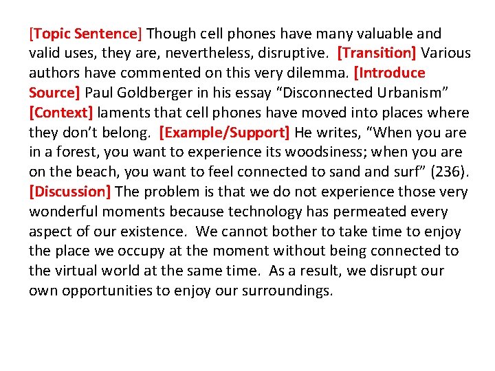 [Topic Sentence] Though cell phones have many valuable and valid uses, they are, nevertheless,