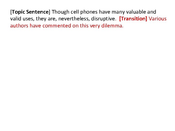 [Topic Sentence] Though cell phones have many valuable and valid uses, they are, nevertheless,