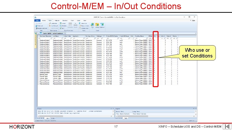 Control-M/EM – In/Out Conditions Who use or set Conditions HORIZONT 17 XINFO – Scheduler