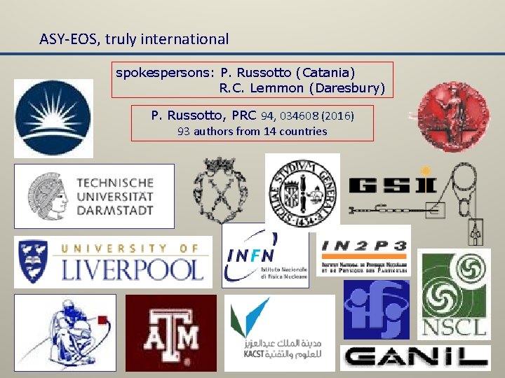 ASY-EOS, truly international spokespersons: P. Russotto (Catania) R. C. Lemmon (Daresbury) P. Russotto, PRC