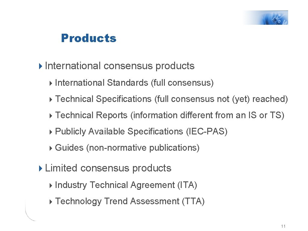 Products 4 International consensus products 4 International Standards (full consensus) 4 Technical Specifications (full