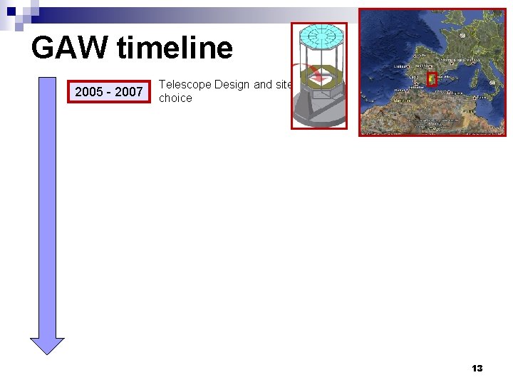 GAW timeline 2005 - 2007 Telescope Design and site choice 13 