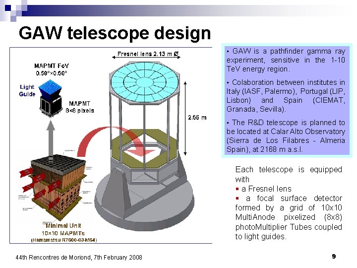 GAW telescope design • GAW is a pathfinder gamma ray experiment, sensitive in the