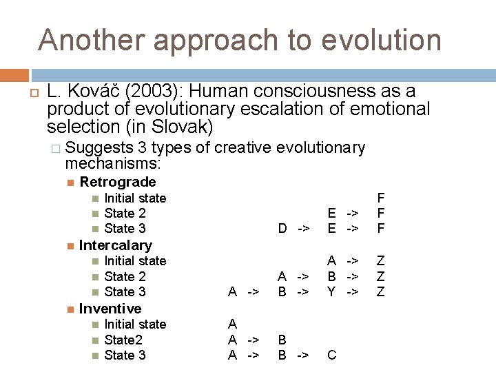 Another approach to evolution L. Kováč (2003): Human consciousness as a product of evolutionary