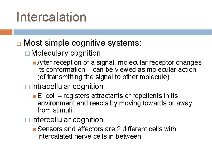 Intercalation Most simple cognitive systems: � Moleculary cognition After reception of a signal, molecular