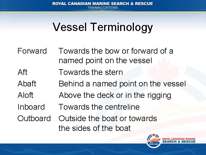 Vessel Terminology Forward Towards the bow or forward of a named point on the