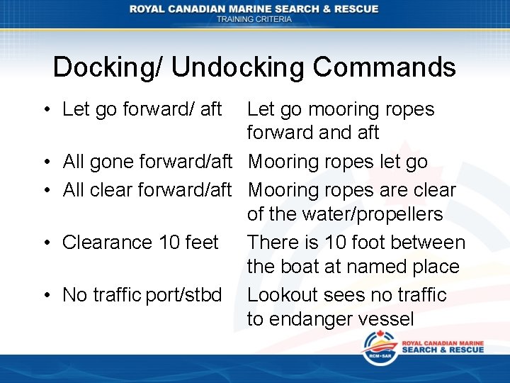 Docking/ Undocking Commands • Let go forward/ aft • • Let go mooring ropes