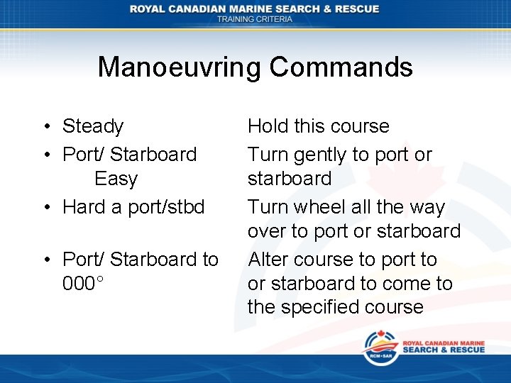 Manoeuvring Commands • Steady • Port/ Starboard Easy • Hard a port/stbd • Port/
