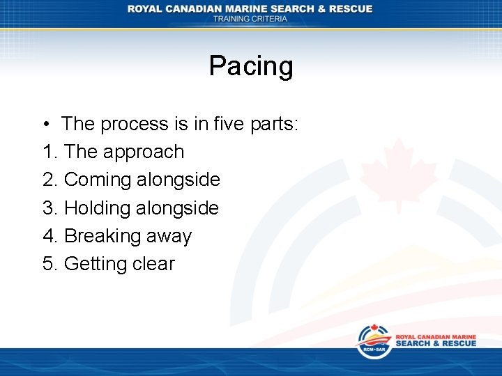Pacing • The process is in five parts: 1. The approach 2. Coming alongside