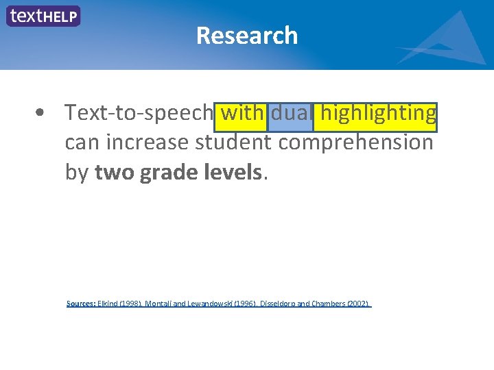 Research • Text-to-speech with dual highlighting can increase student comprehension by two grade levels.