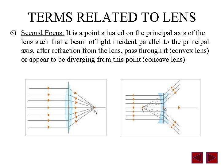 TERMS RELATED TO LENS 6) Second Focus: It is a point situated on the