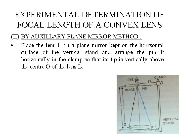 EXPERIMENTAL DETERMINATION OF FOCAL LENGTH OF A CONVEX LENS (II) BY AUXILLARY PLANE MIRROR