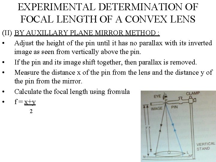 EXPERIMENTAL DETERMINATION OF FOCAL LENGTH OF A CONVEX LENS (II) BY AUXILLARY PLANE MIRROR