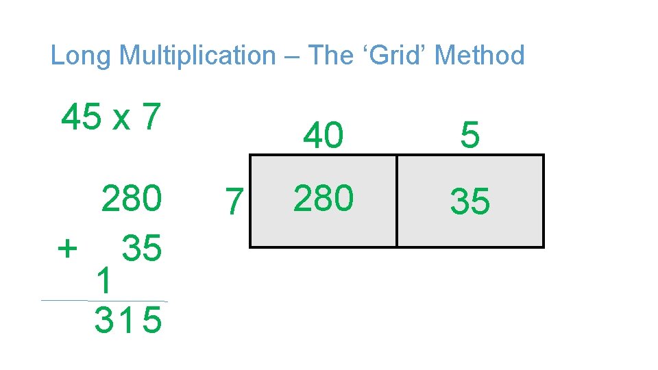 Long Multiplication – The ‘Grid’ Method 45 x 7 280 + 35 1 31 Long Multiplication – The ‘Grid’ Method 45 x 7 280 + 35 1 31