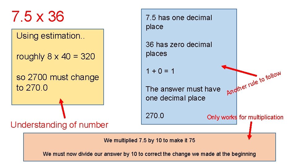 7. 5 x 36 7. 5 has one decimal place Using estimation. . 36 7. 5 x 36 7. 5 has one decimal place Using estimation. . 36