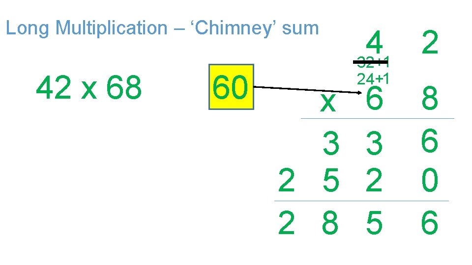 Long Multiplication – ‘Chimney’ sum 42 x 68 60 x 3 2 5 2 Long Multiplication – ‘Chimney’ sum 42 x 68 60 x 3 2 5 2