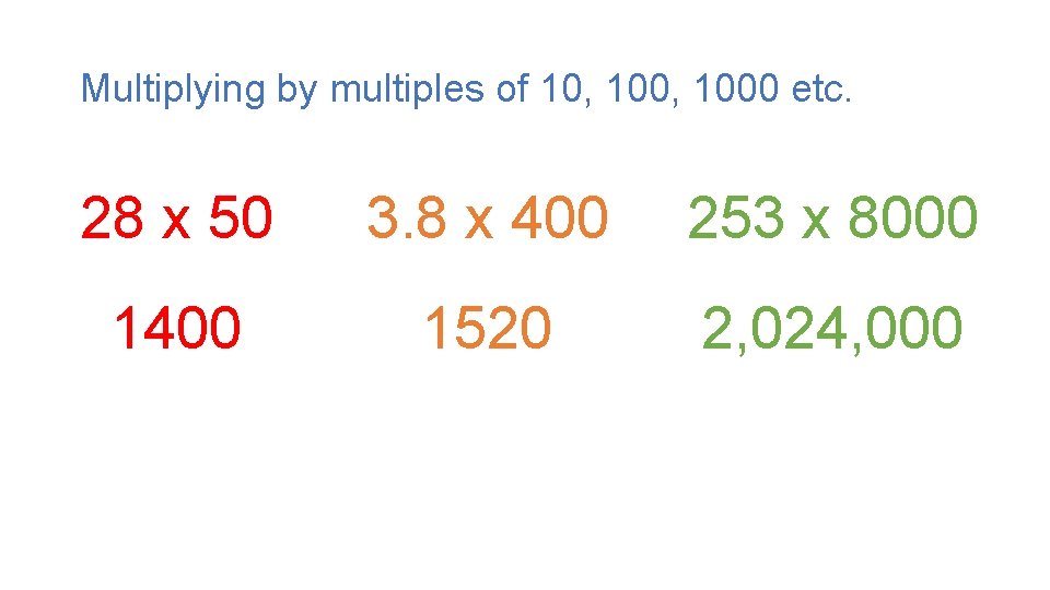 Multiplying by multiples of 10, 1000 etc. 28 x 50 3. 8 x 400 Multiplying by multiples of 10, 1000 etc. 28 x 50 3. 8 x 400