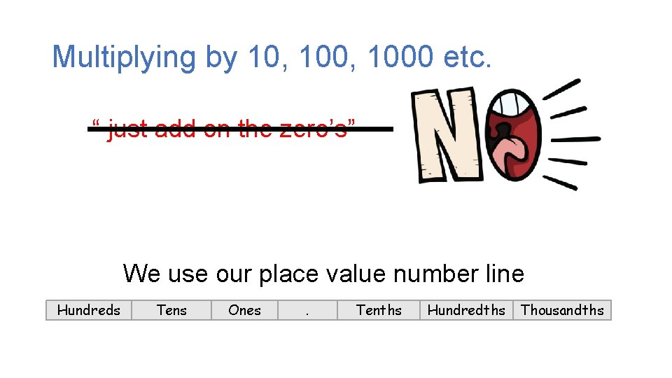 Multiplying by 10, 1000 etc. “ just add on the zero’s” We use our Multiplying by 10, 1000 etc. “ just add on the zero’s” We use our