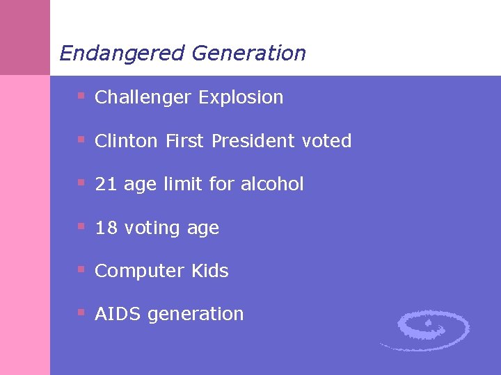 Endangered Generation § Challenger Explosion § Clinton First President voted § 21 age limit