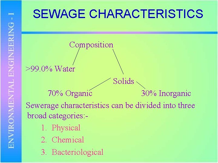 SEWAGE CHARACTERISTICS Composition >99. 0% Water Solids 70% Organic 30% Inorganic Sewerage characteristics can