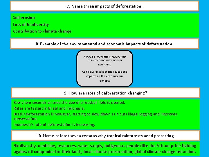 7. Name three impacts of deforestation. Soil erosion Loss of biodiversity Contribution to climate