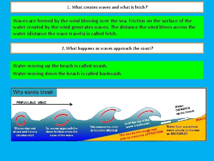 1. What creates waves and what is fetch? Waves are formed by the wind