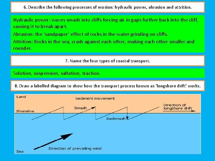 6. Describe the following processes of erosion: hydraulic power, abrasion and attrition. Hydraulic power:
